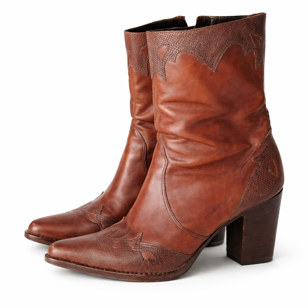 Antonio Melani Brown Leather Western Ankle Boots Pointed Toe Block Heel Sz 8.5N
